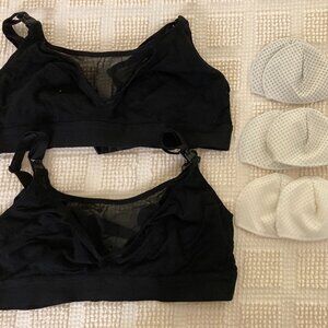 Momcozy mesh panel pumping nursing bras and Bodily low profile reusable pads